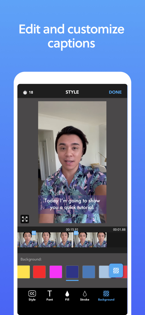 Mobile app interface showing how to edit and customize video captions with color style options
