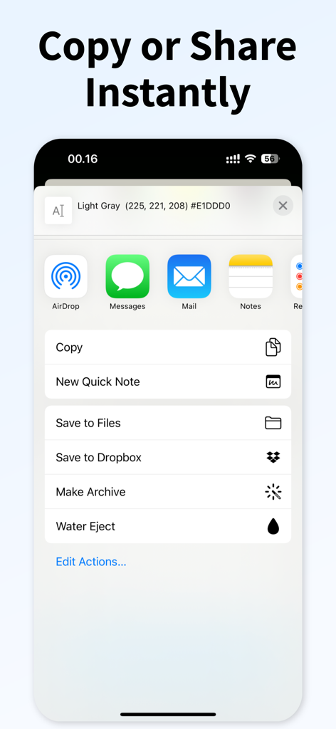 Color Finder ™ - Tela do iPhone mostrando o menu de compartilhamento de cores com códigos HEX e RGB para Cinza Claro