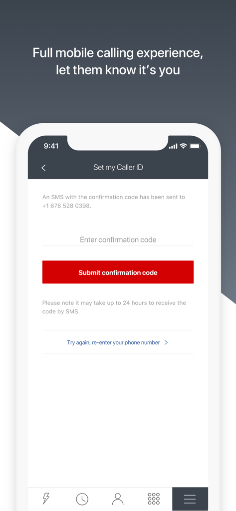 PhoneClub – Best Calling Rates - PhoneClub app screen for setting up and verifying Caller ID via SMS confirmation code