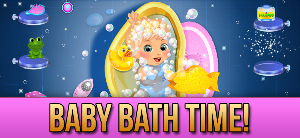 A baby girl taking a bath with bubbles and toys in the My New Baby Girl Story Games app.