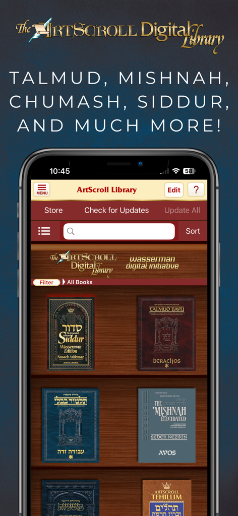 ArtScroll Digital Library - ArtScroll Digital Library app displaying a virtual bookshelf of Jewish religious texts including Talmud and Siddur.