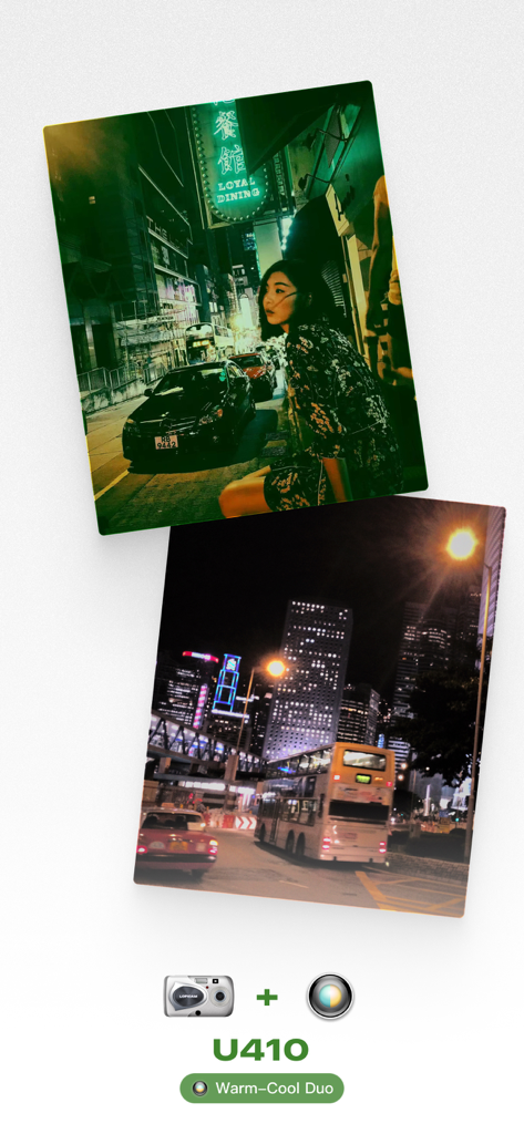 Dos fotos nocturnas de ciudad con estilo de cámara digital CCD vintage usando el filtro U410 de LoFi Cam.