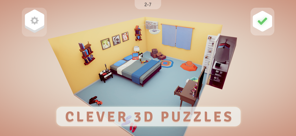 Possessions: Puzzle Vistas - Possessions ゲームの視覚に基づいたパズルを備えたミニマリストの3D寝室のシーン