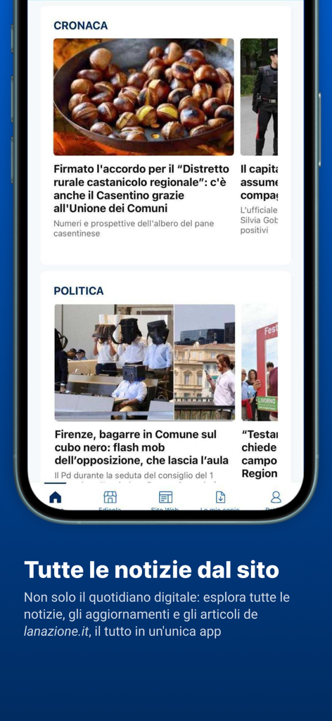 LA NAZIONE - Captura de tela do aplicativo móvel LA NAZIONE mostrando seções de notícias locais e políticas italianas