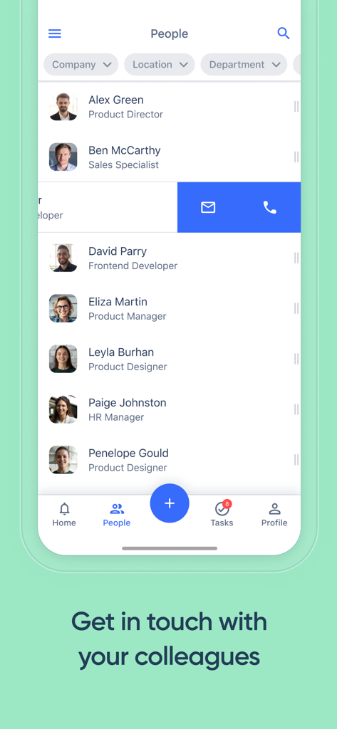 Kolay mobile app people directory screen showing employee list with call and email options