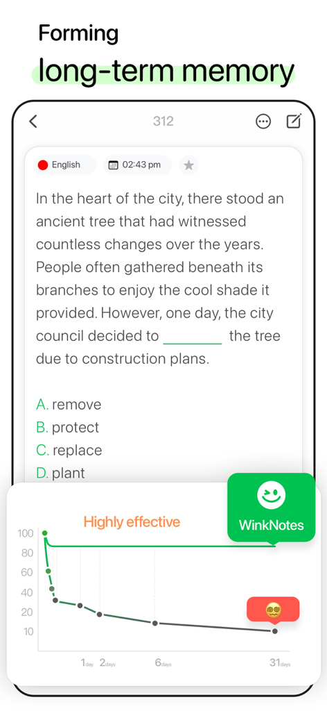 Une capture d'écran de WinkNotes montrant un quiz à compléter et un graphique comparant les courbes d'oubli standard avec la méthode de répétition espacée très efficace de l'application.