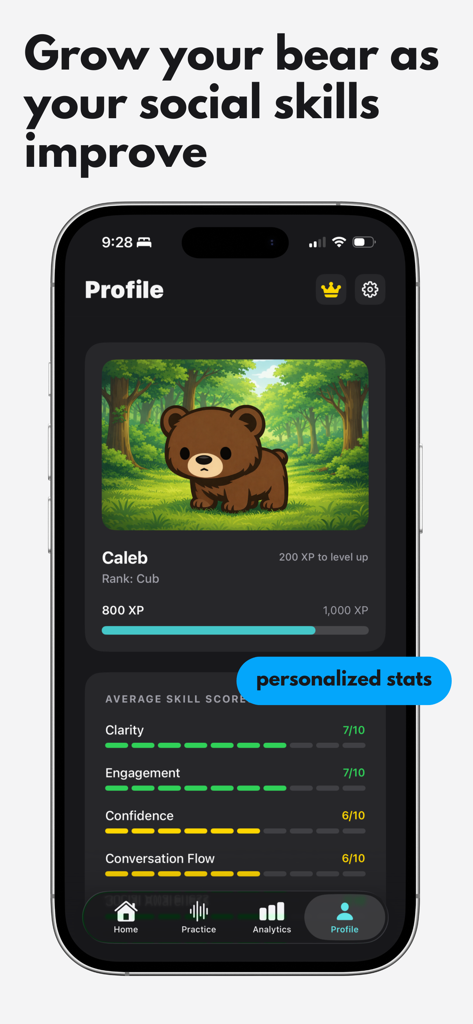 Kodi AI: Speaking Coach - Kodi AI app profile screen showing a bear mascot companion and personalized speaking skill statistics
