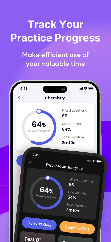 NCLEX® Exam Prep 2026 - NCLEX exam prep app progress tracking dashboard showing study statistics and correct rates for nursing students