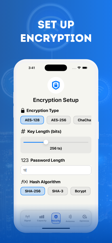 Écran de configuration du chiffrement dans l'application Wifi Map plus montrant les options de chiffrement AES et de hachage pour la sécurité du réseau