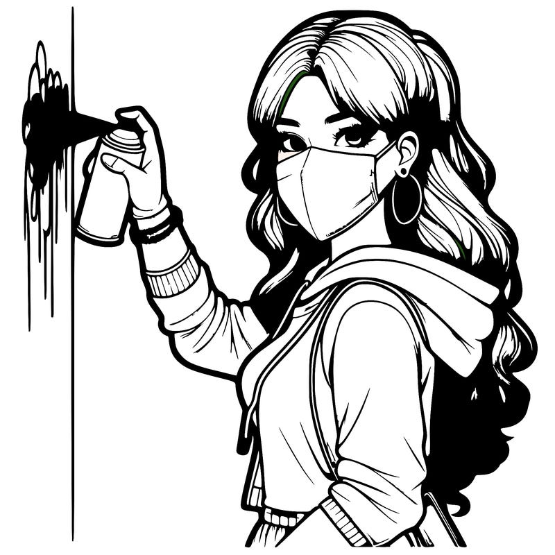 realistic girl with mask spray painting a wall