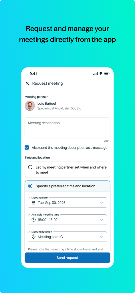Interface de aplicativo móvel para agendamento de reuniões profissionais individuais com seleção de data e local