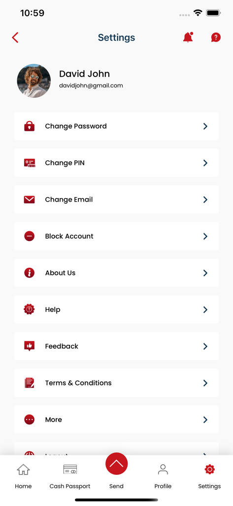 Gulf Exchange App - Settings menu of the Gulf Exchange mobile app showing user profile and security options