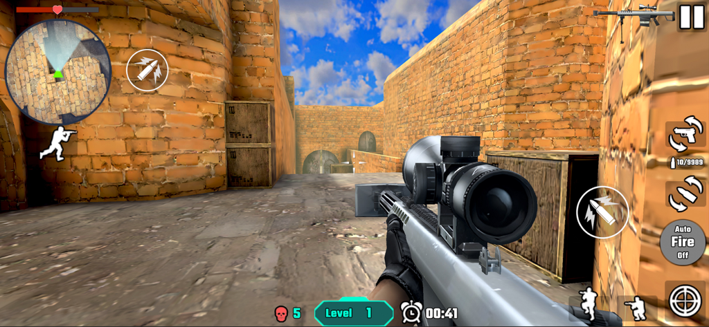 Gun Shoot War：Force Strike - First person sniper view in a desert combat map with level and kill indicators