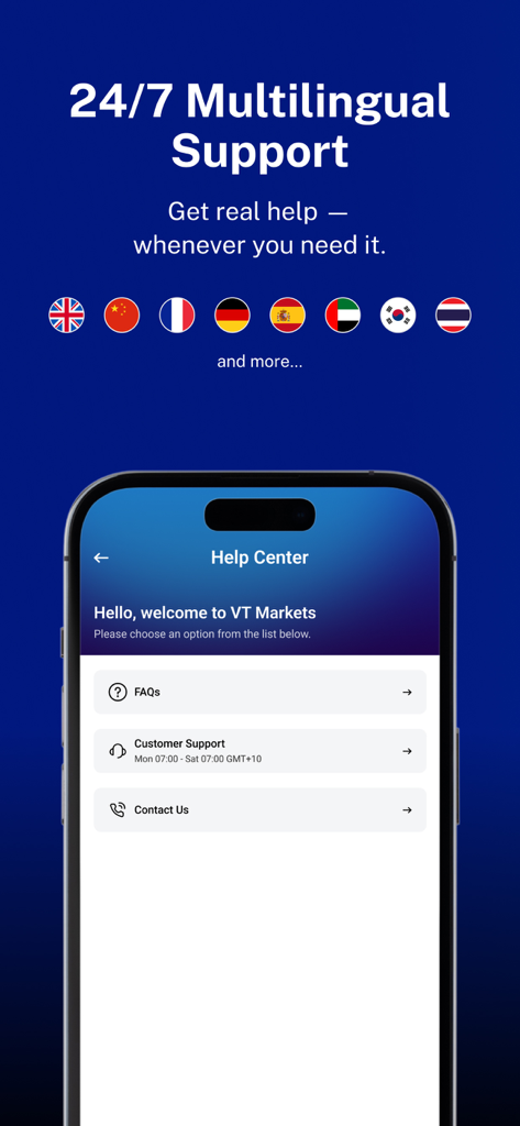 VT Markets-Online Trading - VT Markets App Hilfe-Center-Oberfläche mit 24/7 mehrsprachigem Support und internationalen Flaggen.