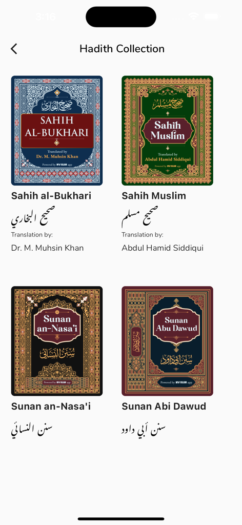 My Islam: Qur'an Prayer Tasbih - Hadith Collection screen in the My Islam app featuring authentic books like Sahih al-Bukhari and Sahih Muslim.