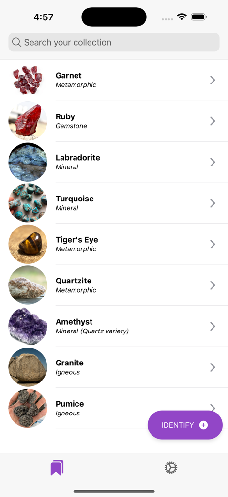 Rock Identifier - Crystal Id - List of identified rocks and crystals in the mobile app collection screen