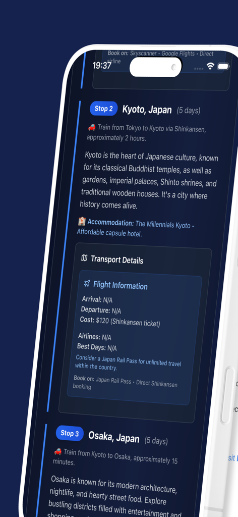 Travel AI app interface displaying a detailed itinerary for Kyoto and Osaka Japan with transport costs and city descriptions