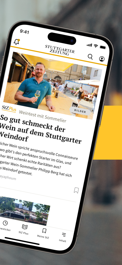 StZ News - Stuttgarter Zeitung - Smartphone-Bildschirm zeigt einen Lifestyle-Nachrichtenartikel über ein Weinfest in der Stuttgarter Zeitung App.