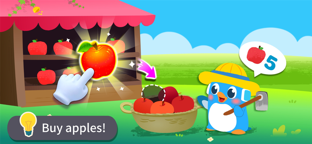 An educational game scene where a penguin character buys five apples to learn basic counting skills.