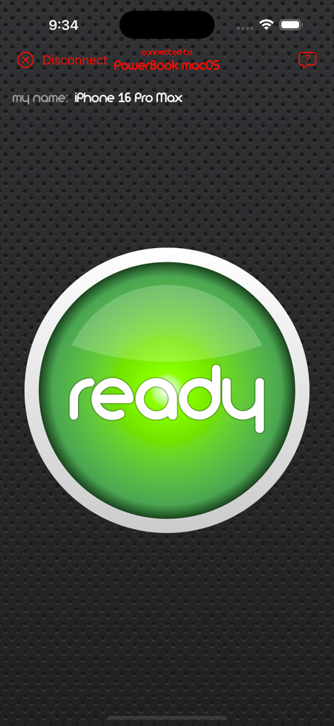 Buzzer - The Buzzer app interface showing a large green circular button with the word ready on a dark textured background.