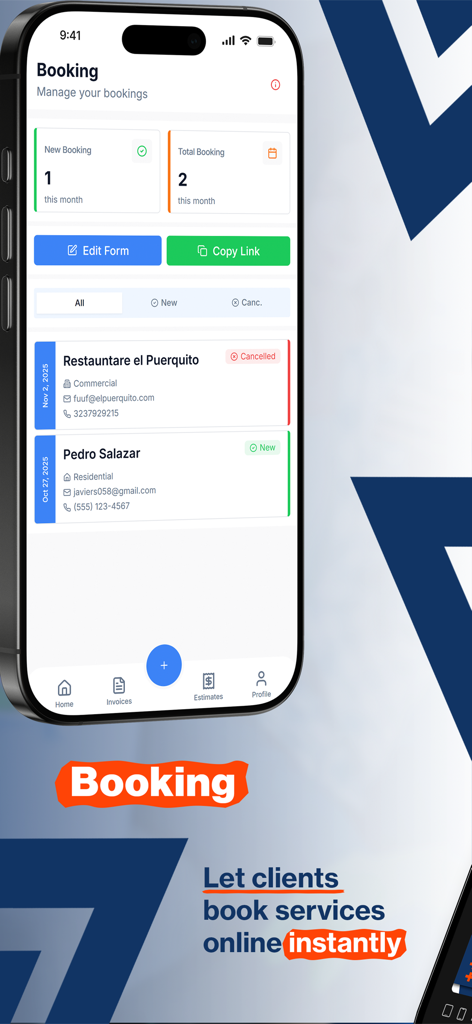 Thunder Pro - Schermata dell'app mobile Thunder Pro per la gestione delle prenotazioni di servizi di pulizia e la pianificazione online