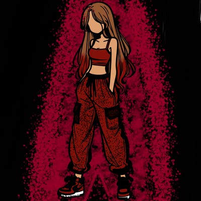 girl in baggy pants crop top and long hair