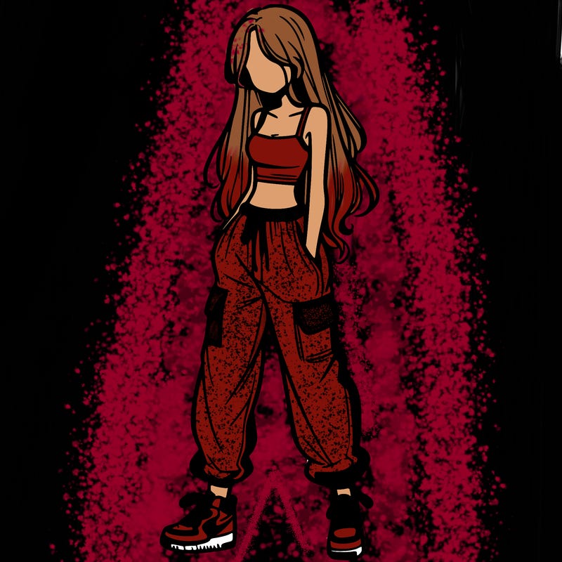 girl in baggy pants crop top and long hair