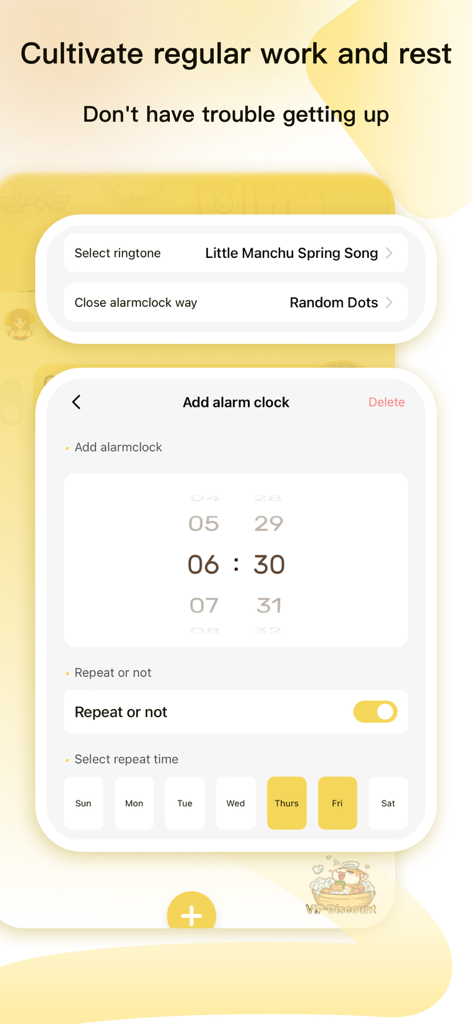 Alarm Clock-Keep Alarm - Keep Alarm app interface showing the add alarm screen with time picker, ringtone selection, and unlock game options in a cute yellow design.