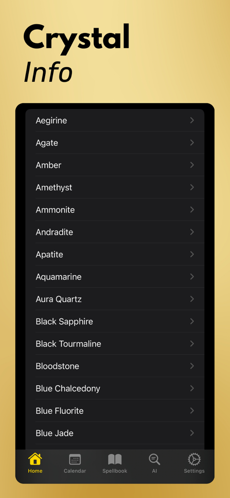 Wicca: Witchcraft & Spells - A screen from the Wicca app displaying a comprehensive list of crystals and gemstones for witchcraft practitioners