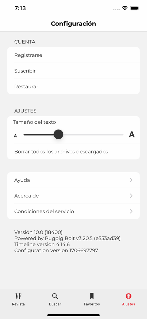 Pantalla de configuración de la aplicación Vanity Fair España que muestra opciones de cuenta y ajuste del tamaño del texto
