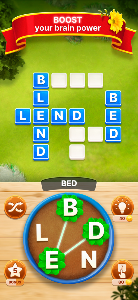 Word Garden : Crosswords - Word Garden Spieloberfläche mit einem Kreuzworträtsel und einem Buchstabenauswahlrad auf einem Gartenhintergrund