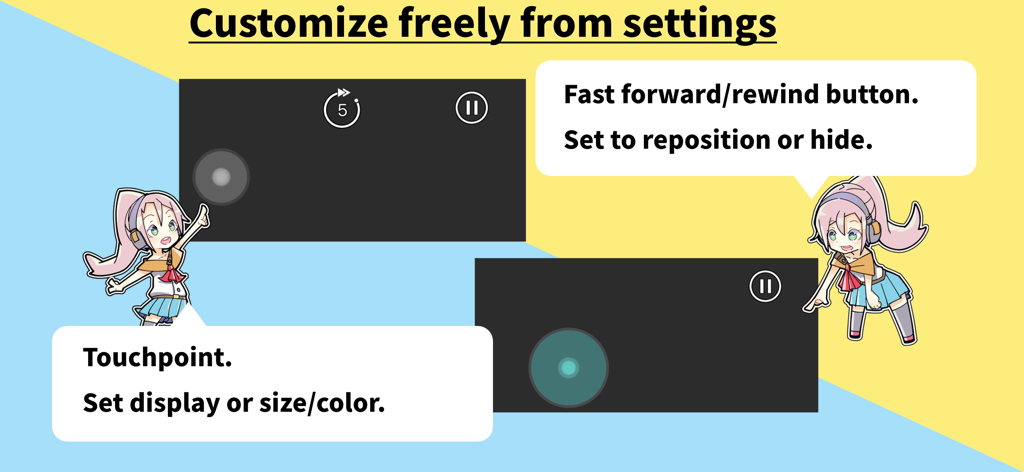 Interfaz de la aplicación Sound Game Training que muestra puntos de contacto personalizables y botones de reproducción con guías de personajes de anime.