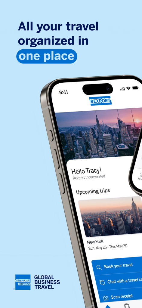Smartphone displaying the Amex GBT Mobile app with organized travel itineraries and quick access buttons for booking and receipts.