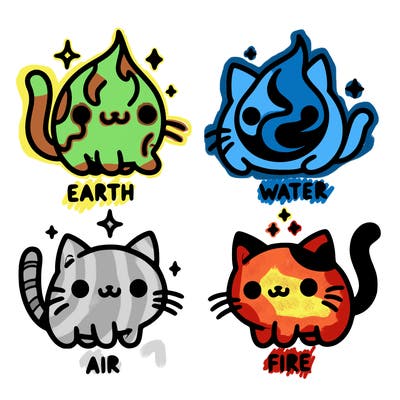 4 cats that represent the different elements, earth, water, air, and fire
