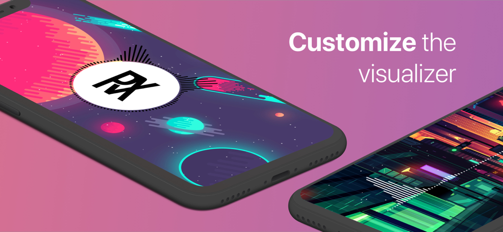 Spectra - Music Visualizer - Mobile app screens showing various custom music visualizer themes and logo options