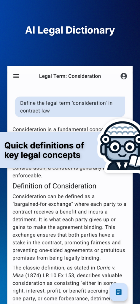 AI Reads Law: Legal Assistant - AIアシスタントが契約法における法的用語「約因」の簡単な定義を提供しています。