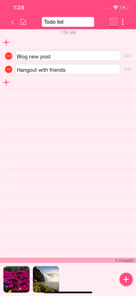 Interface of iNote Pro showing a pink themed todo list with attached images