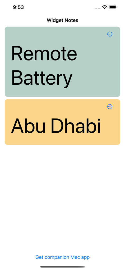 Interface of Widget Notes app displaying two colored sticky notes with the text Remote Battery and Abu Dhabi