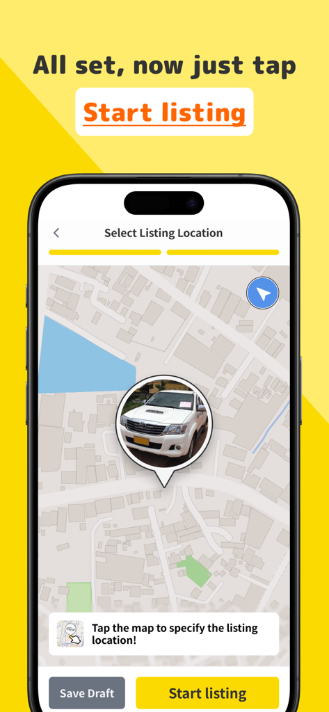 STREMA - Used Vehicle Market - Vue cartographique dans l'application STREMA pour sélectionner l'emplacement d'une annonce de véhicule