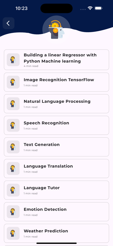 A list of artificial intelligence and machine learning course topics in the app.