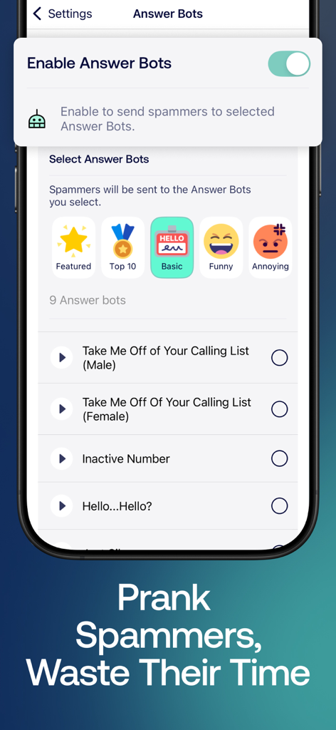 Robokiller app interface showing the Answer Bots settings to prank spammers and waste their time