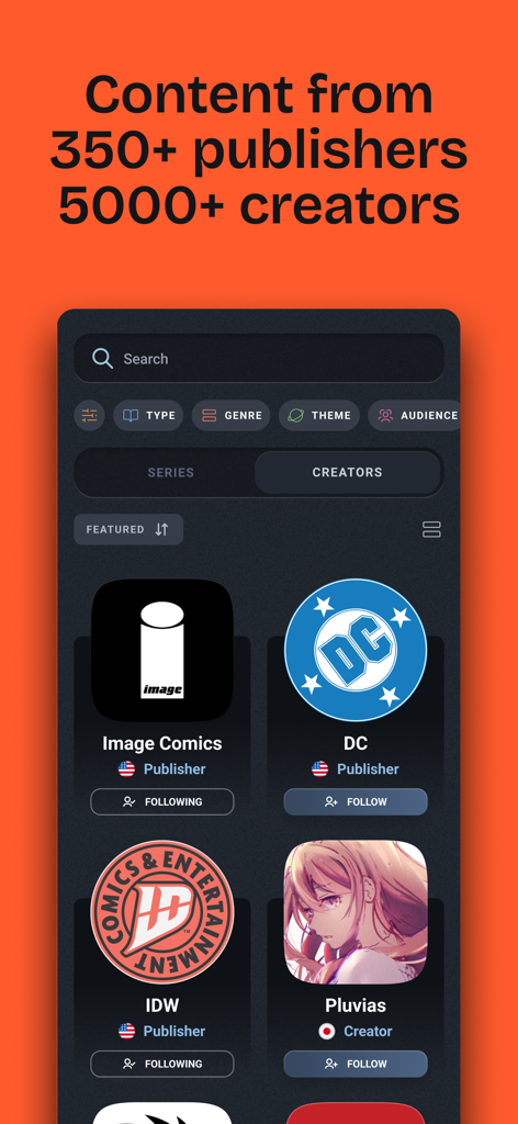 GlobalComix: The Comics App - GlobalComix app interface showing a list of comic book publishers and creators with search and filter options