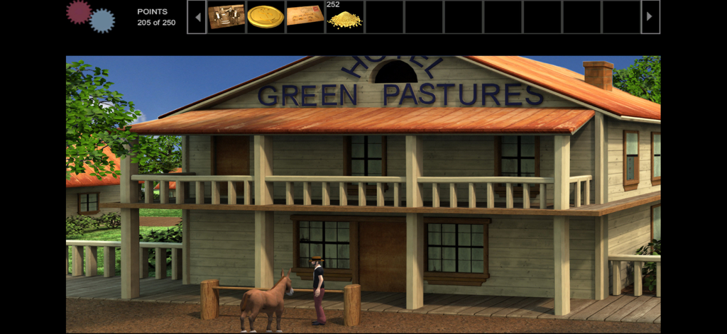 Gold Rush! Anniversary HD - Gameplay scene showing Jerrod Wilson and a donkey in front of Hotel Green Pastures in Gold Rush Anniversary HD