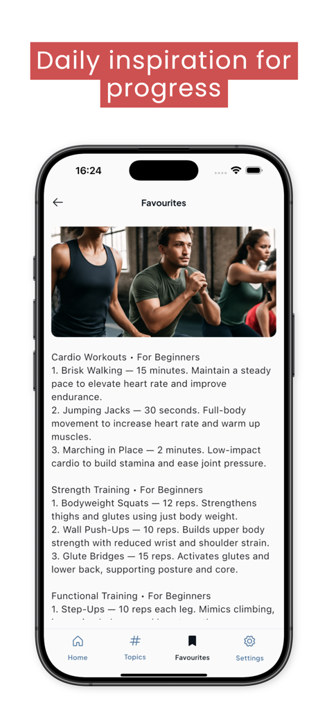 SeniorMatch - Pantalla de la aplicación SeniorMatch mostrando rutinas de entrenamiento para principiantes para cardio y entrenamiento de fuerza.
