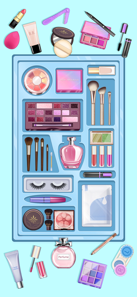 Tidy Beauty - ASMR Master - A satisfying makeup organization puzzle with various cosmetics and brushes being sorted into a blue tray