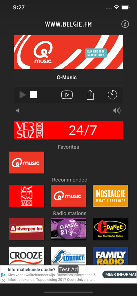 Interface of the Belgie.FM Radio app showing a list of Belgian radio stations like Q-Music and Nostalgie.