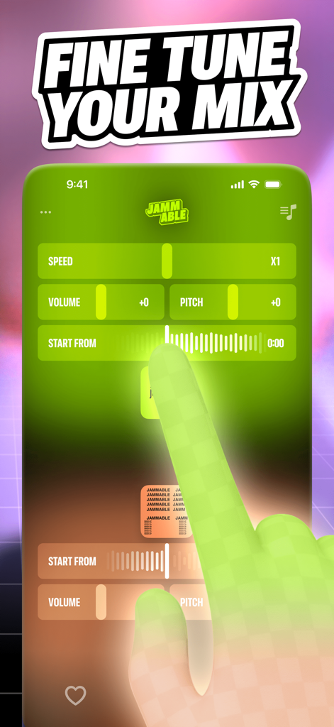 Jammable app screen showing music editing controls for speed volume pitch and start time