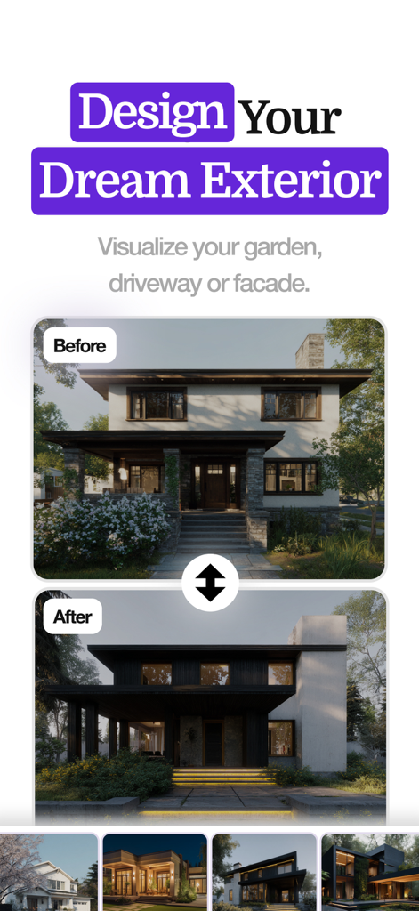Home Design AI - Remodel Room - Comparación de antes y después de la remodelación de la fachada de una casa usando IA
