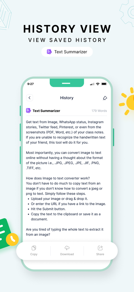 Text Summarizer - Captura de tela da Visualização de Histórico no aplicativo Sumarizador de Texto mostrando uma lista de resumos salvos com opções para copiar, baixar e compartilhar