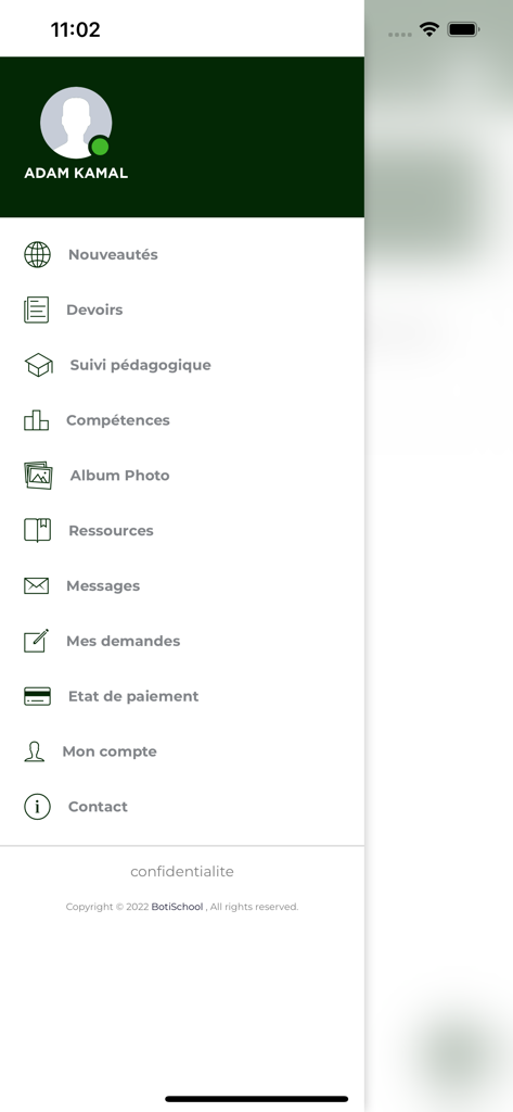 Newton - Al Karaouiyine - Menu de navegação lateral do aplicativo escolar Newton Al Karaouiyine com links para acompanhamento pedagógico de deveres de casa e mensagens
